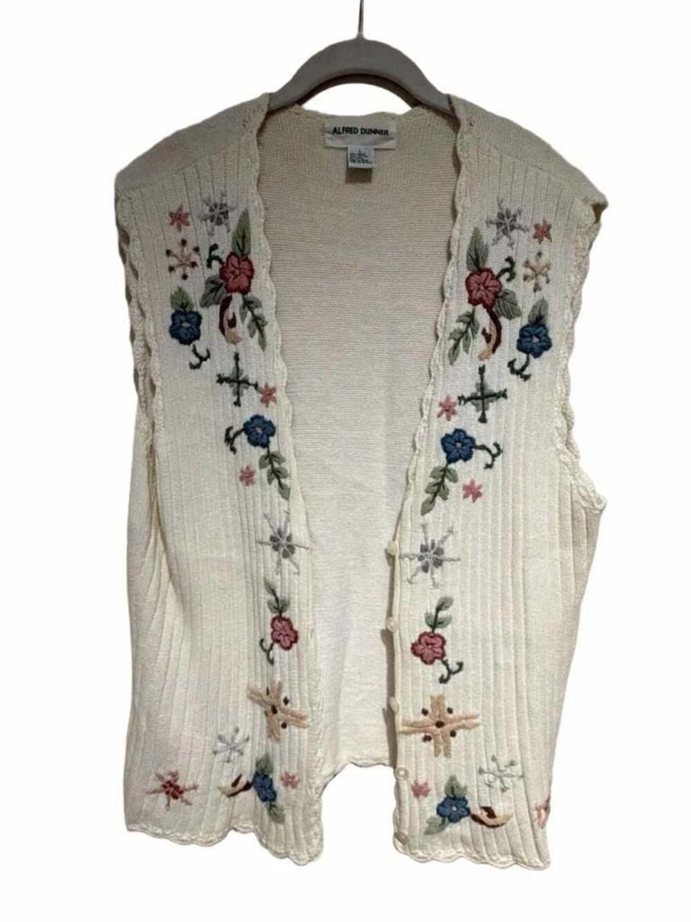 Alfred Dunner Vintage Floral Embroidered Knit Vest Size L Cream